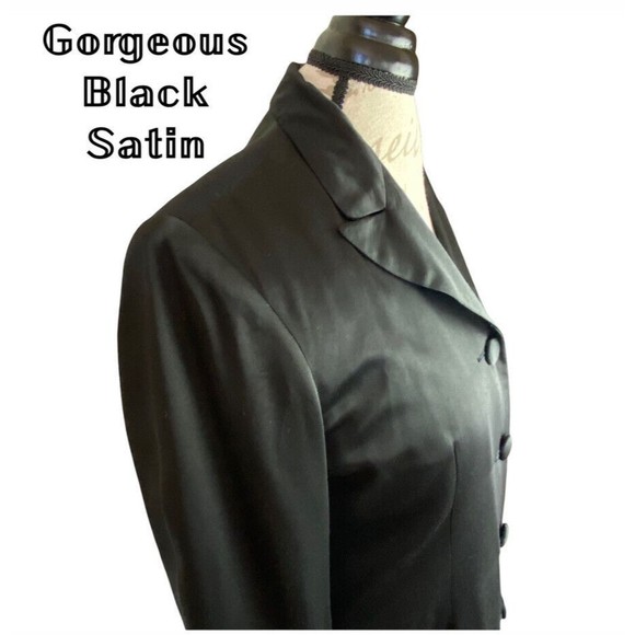 Vtg Tweeds Black Satin 5 Button Slit Long Sleeve Shoulder Pads Blazer Jacket 6 - Picture 4 of 14